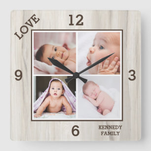 4 Photo Collage Family Name Love Natural Wood   Square Wall Clock