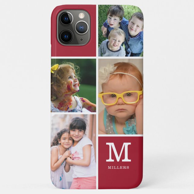 4 Photo Collage Family Name Monogrammed Red Case-Mate iPhone Case (Back)
