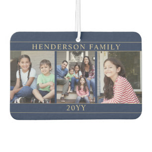 4 Photo Collage Family Name Navy Blue and Gold Car Air Freshener