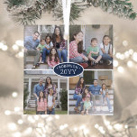4 Photo Collage Family Name & Year Navy Blue White Glass Tree Decoration<br><div class="desc">Celebrate the simple joys of the holidays with a custom 4 photo collage navy blue and white square glass ornament. All text and pictures on this template are simple to personalize. (IMAGE PLACEMENT TIP: An easy way to center a photo exactly how you want is to crop it before uploading...</div>