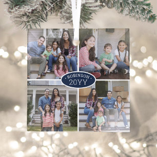 4 Photo Collage Family Name & Year Navy Blue White Glass Tree Decoration