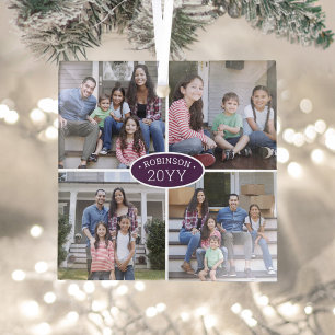 4 Photo Collage Family Name & Year Purple & White Glass Tree Decoration
