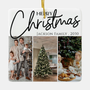 4 Photo Collage Family Name & Year Simple White Ceramic Ornament