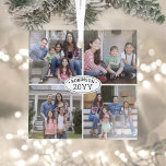 4 Photo Collage Family Name & Year Simple White Glass Tree Decoration<br><div class="desc">Celebrate the simple joys of the holidays with a custom 4 photo collage black and white square glass ornament. All text and pictures on this template are simple to personalise. (IMAGE PLACEMENT TIP: An easy way to centre a photo exactly how you want is to crop it before uploading to...</div>