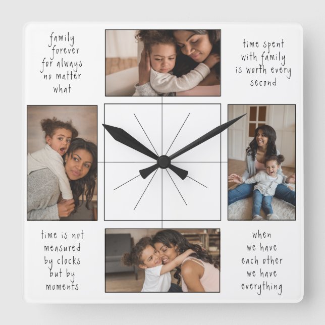 4 Photo Collage Family Time Togetherness Quotes Square Wall Clock (Front)