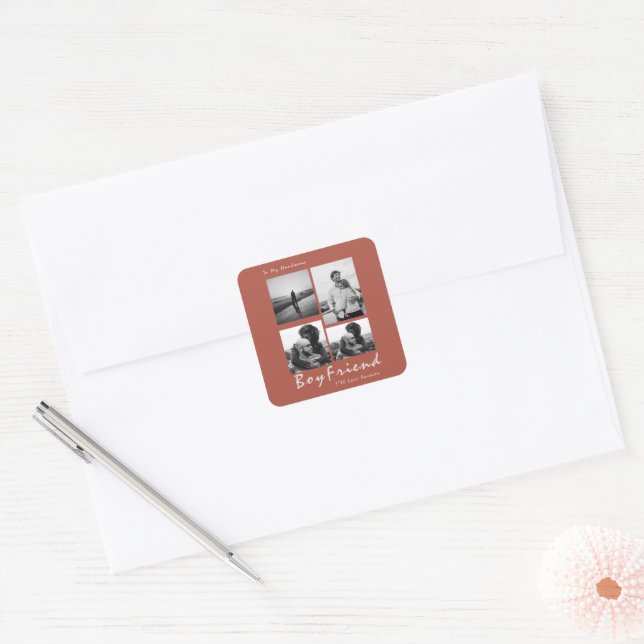 4-Photo Collage Forever Boyfriend Valentine's Square Sticker (Envelope)