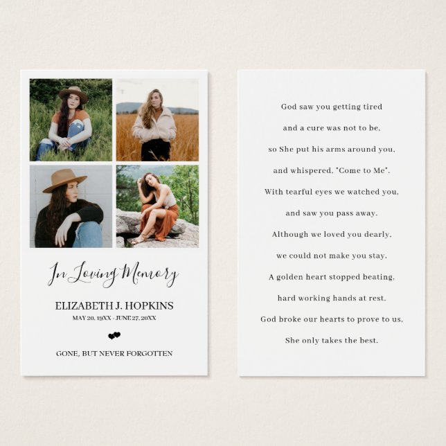 4 Photo Collage Funeral Memorial Prayer Cards (Front & Back)