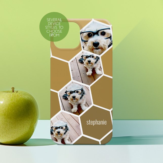 4 Photo Collage - funky hexagon pattern gold (Personalized Phone Case with Custom Photos and Text - Choose a Device Style)