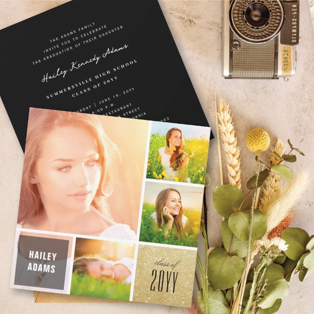 4 Photo Collage Glitter Squares Graduation Party Invitation (Creator Uploaded)
