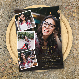 4 Photo Collage Gold Graduation Party  Acrylic Invitations