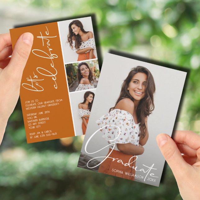 4 Photo Collage Graduation Burnt Orange Invitation (4 Photo Collage Graduation Burnt Orange Invitations)