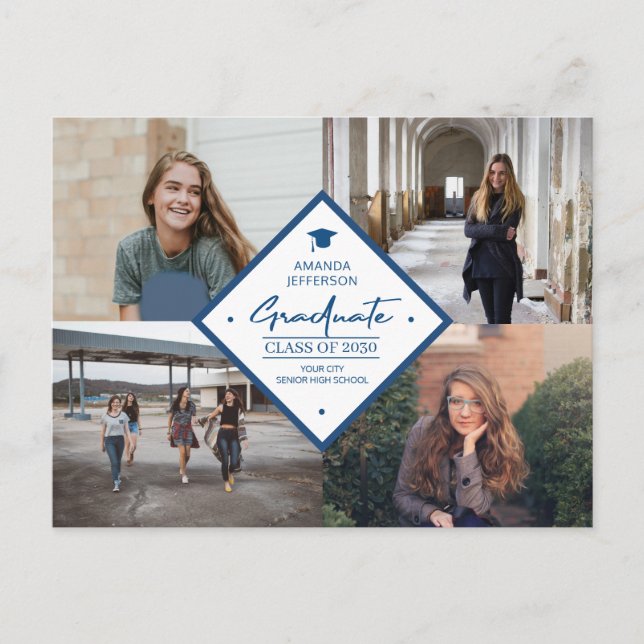 4 photo collage graduation modern elegant script announcement postcard (Front)