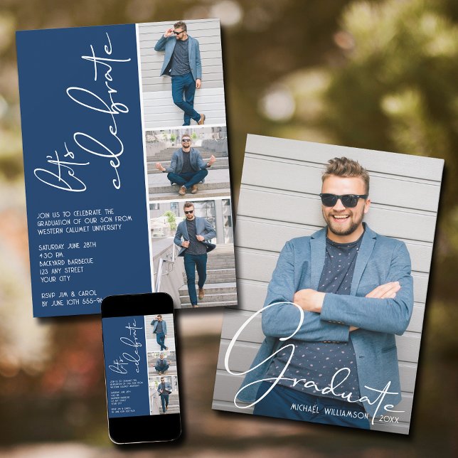 4 Photo Collage Graduation Navy Blue Invitation (Navy blue 4 photo collage graduation invitations - PRINTED and/or INSTANT DOWNLOAD)