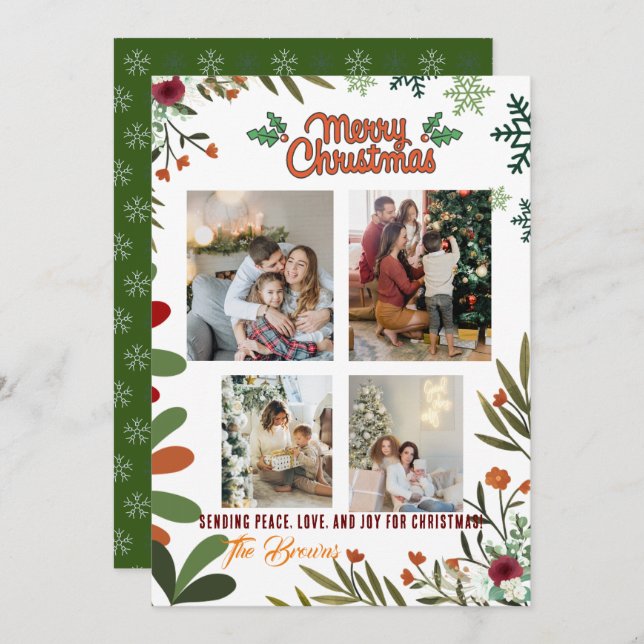 4 Photo Collage Green Holiday Card Merry Christmas (Front/Back)