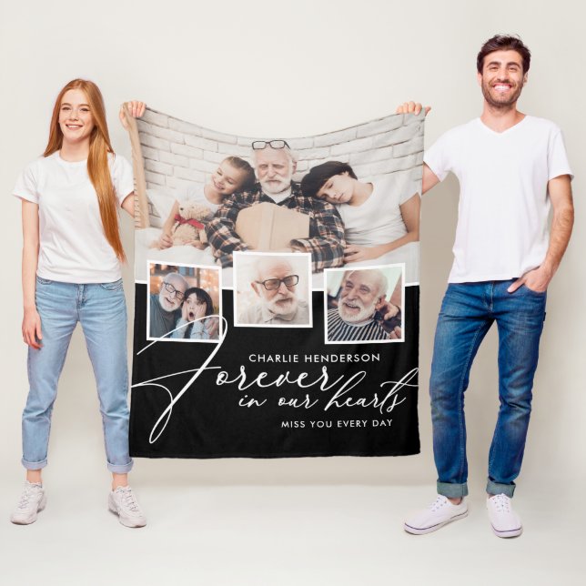 4-Photo Collage Handwritten Forever In Our Hearts Fleece Blanket (In Situ)