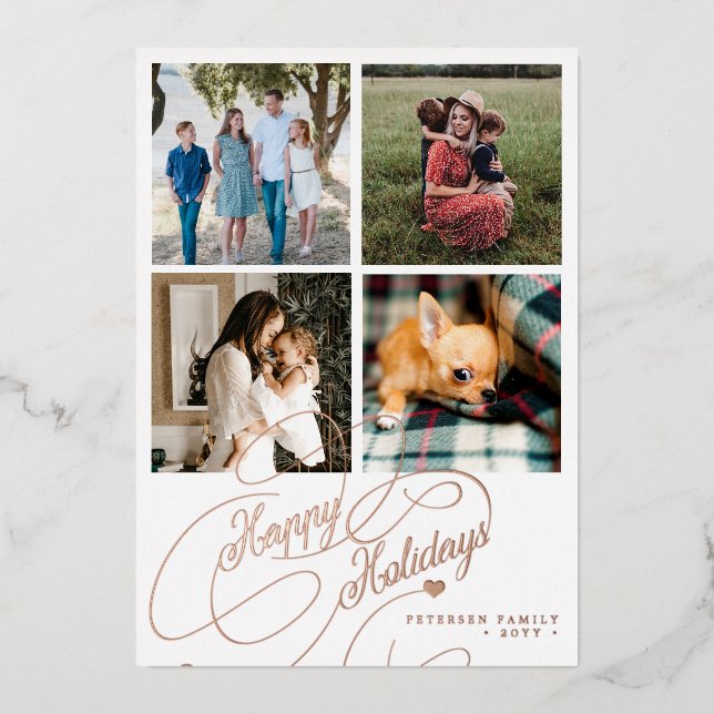 4 photo collage Happy Holidays elegant script Foil Holiday Card (Front)