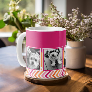 4 Photo Collage Hot Pink Orange Chevrons Coffee Mug