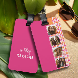 4 Photo Collage - Hot Pink Orange Chevrons Luggage Tag