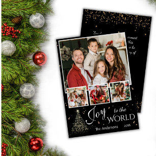 4 photo collage Joy to the world  black Christmas Holiday Card