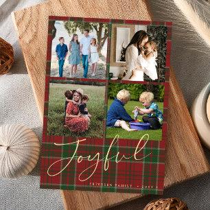 4 photo collage Joyful script plaid Christmas Holiday Card