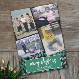 4 Photo Collage - Merry Christmas Botanical Black Holiday Card