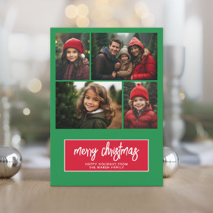 4 Photo Collage - Merry Christmas Botanical Red Holiday Card