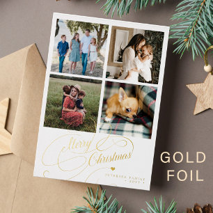 4 photo collage Merry Christmas elegant script Foil Holiday Card