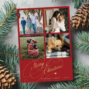 4 photo collage Merry Christmas elegant script red Holiday Card
