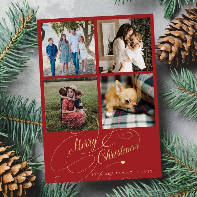 4 photo collage Merry Christmas elegant script red Holiday Card (Creator Uploaded)