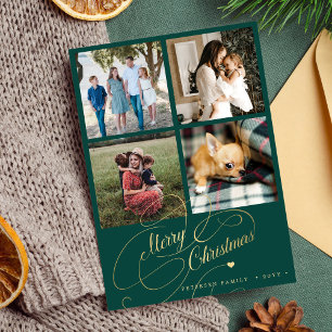 4 photo collage Merry Christmas elegant script red Holiday Card