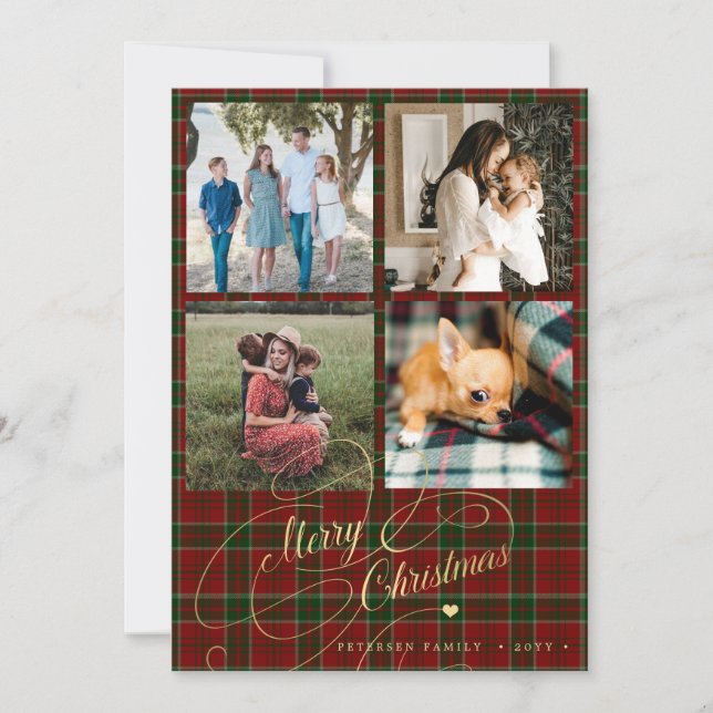 4 photo collage Merry Christmas script red tartan Holiday Card (Front)