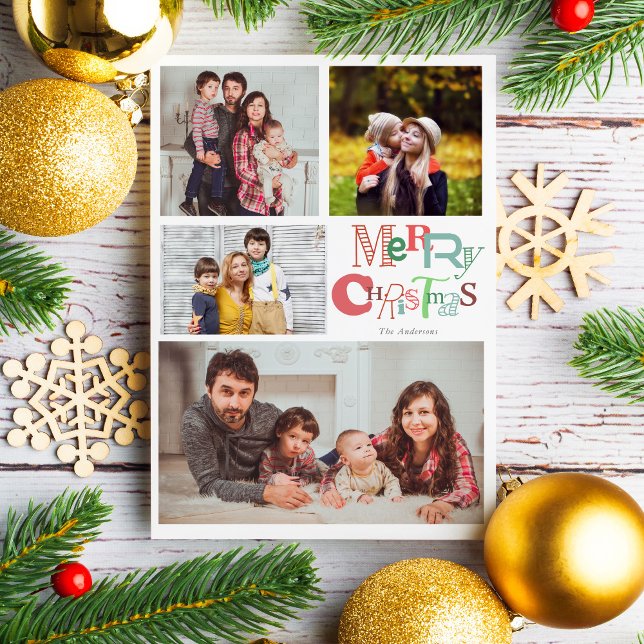 4 Photo Collage Merry Christmas Typography Holiday Card (Creator Uploaded)