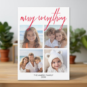 4 Photo Collage Merry Everything Minimal Red Holiday Card