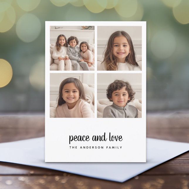 4 Photo Collage Minimal Christmas black peace love Holiday Card (4 Photo Christmas Card with Minimal Design - Print or Instant Download - Peace and Love)