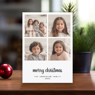 4 Photo Collage Minimal Merry Christmas black Holiday Card
