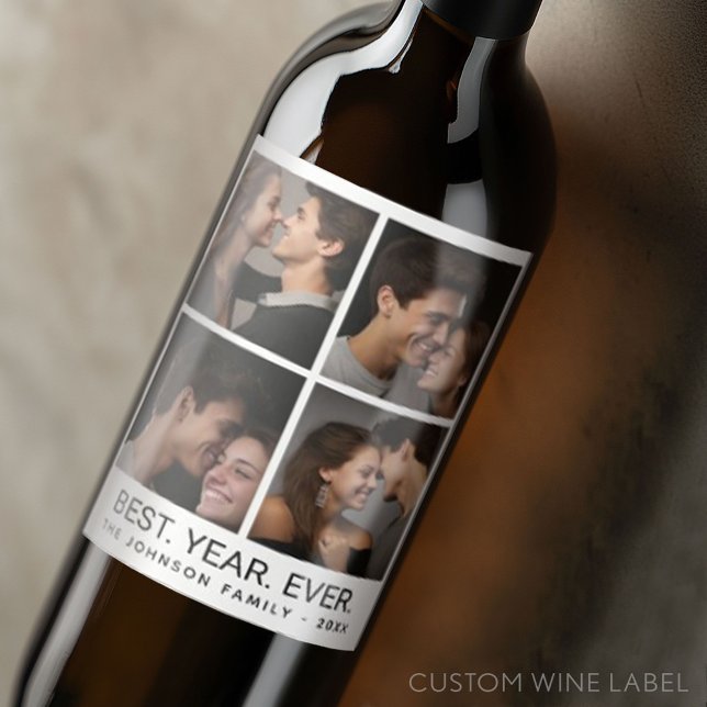 4 Photo Collage Minimalist - Best Year Ever Wine Label (Custom Wine Label with 4 Photo Collage)