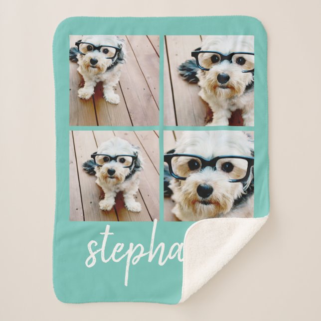 4 Photo Collage Minimalist Handwritten Name Sherpa Blanket (Front)
