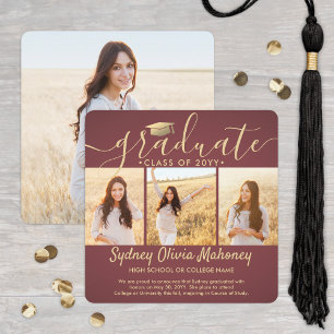 4 Photo Collage Modern Burgundy & Gold Graduation  Announcement