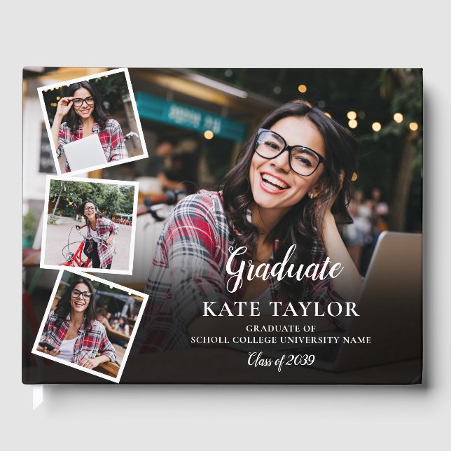  4 Photo Collage Modern Graduation Party Guest Book (Front)