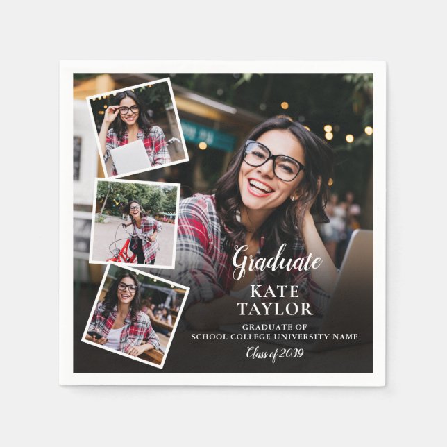 4 Photo Collage Modern Graduation Party Napkin (Front)
