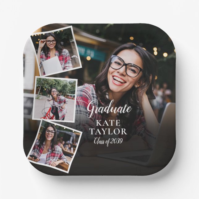  4 Photo Collage Modern Graduation Party Paper Plate (Front)