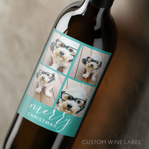 4 Photo Collage - Modern Merry Christmas aqua Wine Label