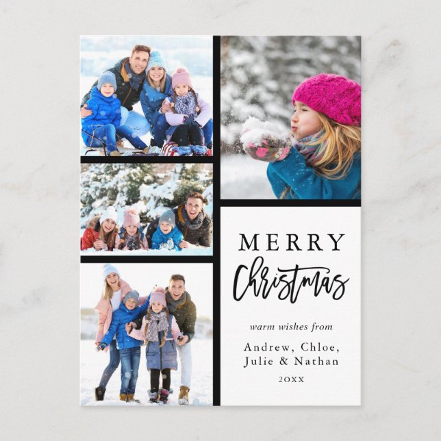 4 Photo Collage Modern Merry Christmas Holiday Postcard (Front)