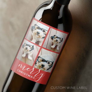 4 Photo Collage - Modern Merry Christmas red Wine Label