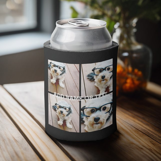 4 Photo Collage - Modern Minimal Square Design Can Cooler (Personalized can cooler with 4 photos and custom text)