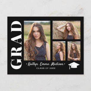 4 Photo Collage Modern Script Black & White Grad Postcard