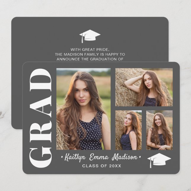 4 Photo Collage Modern Script Grey Grad Announcement (Front/Back)