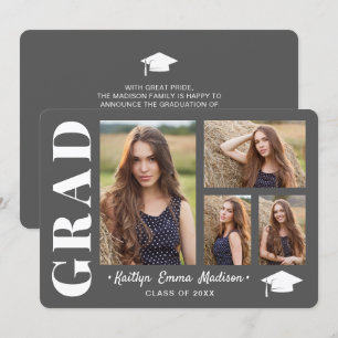 4 Photo Collage Modern Script Grey Grad Announcement