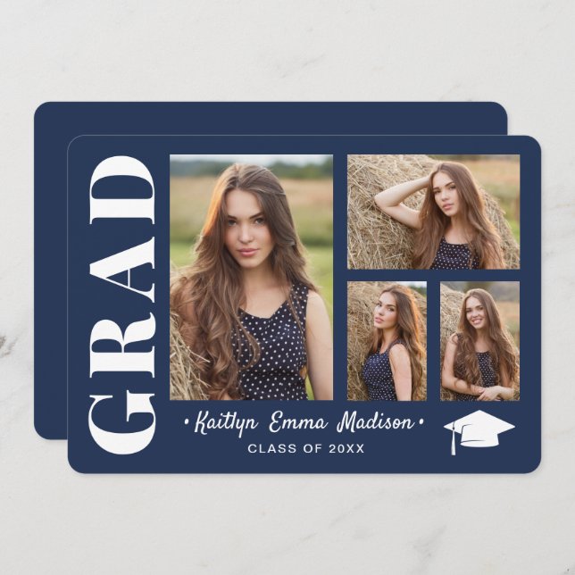 4 Photo Collage Modern Script Navy Blue Grad Announcement (Front/Back)