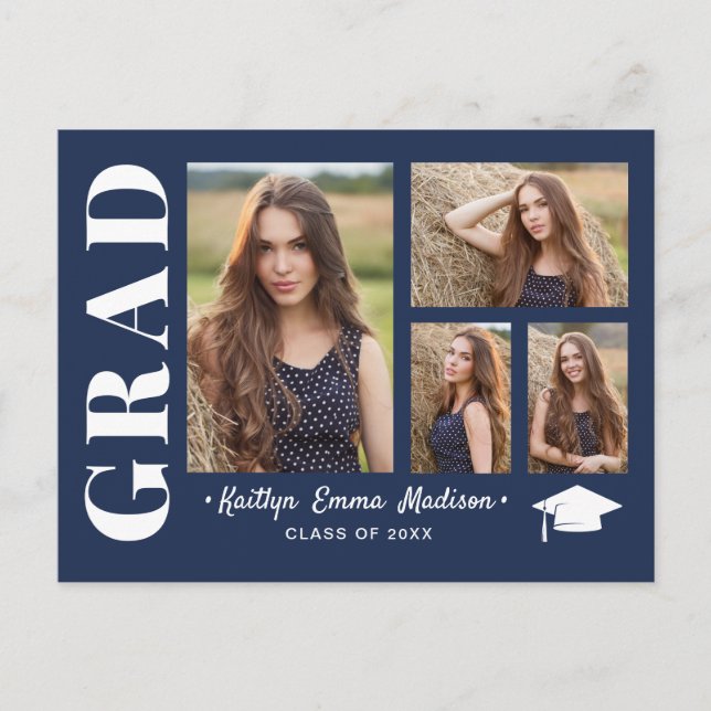 4 Photo Collage Modern Script Navy Blue Grad Postcard (Front)